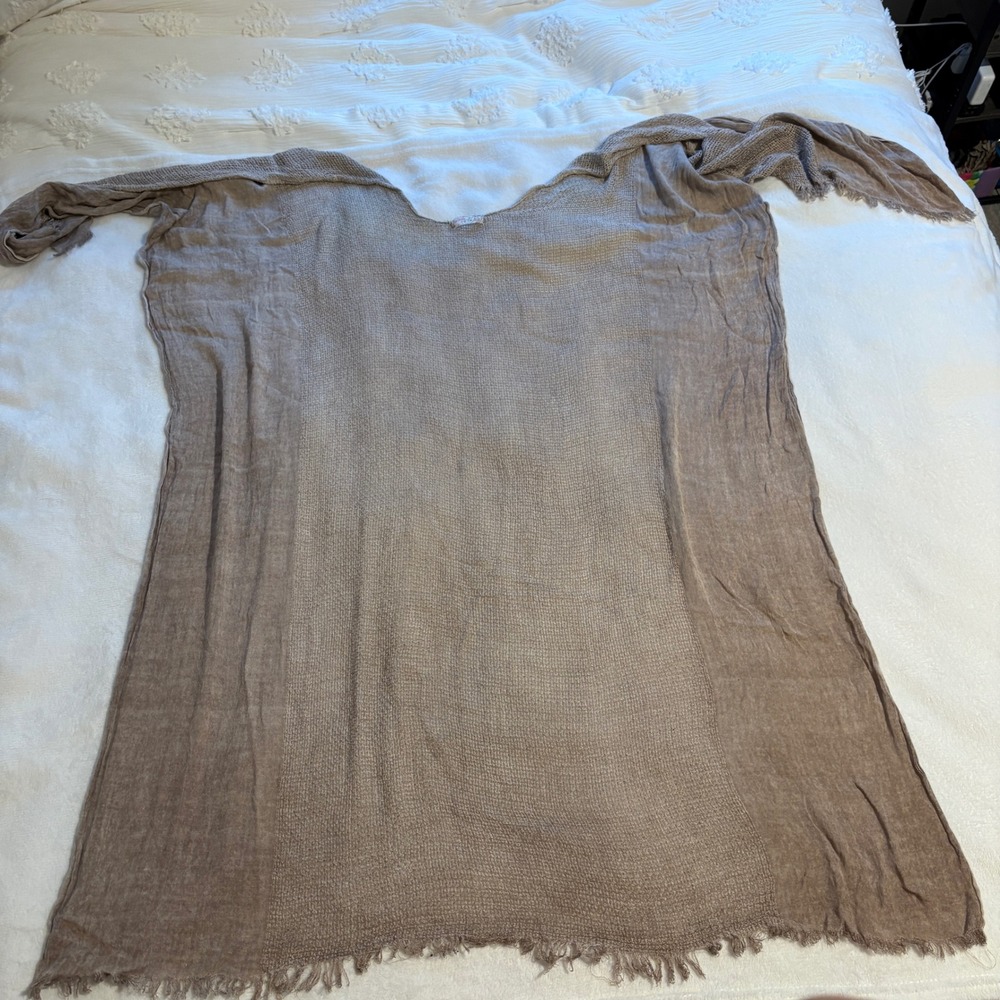 Free People Taupe Open Knit Frayed Kimono Cardigan Cover Up One Size‎
